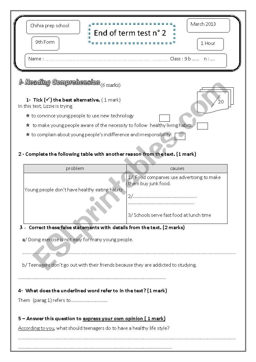 End of term test n° 2 - ESL worksheet by joliali