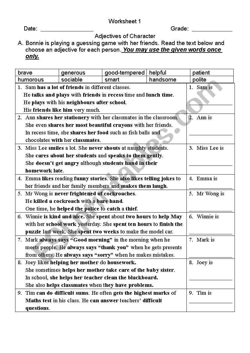 adjectives worksheet