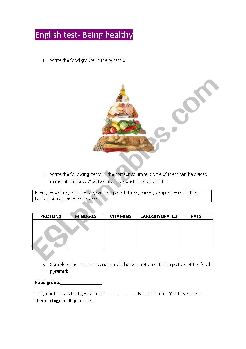 Being healthy- test worksheet