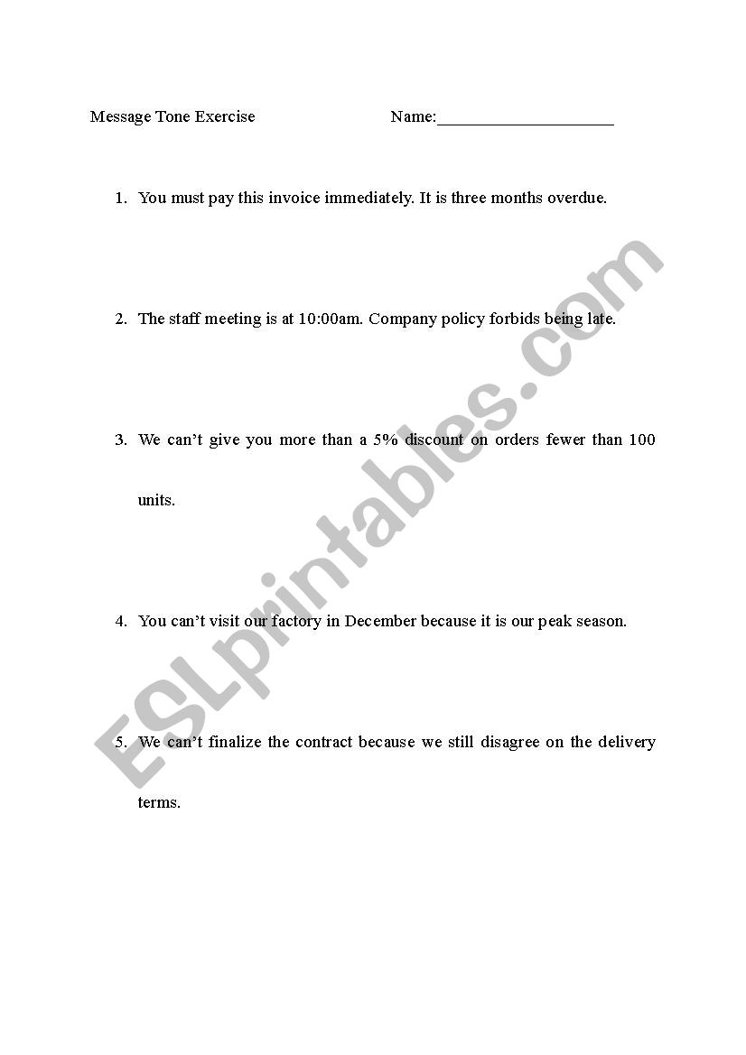 Message Tone Exercise worksheet