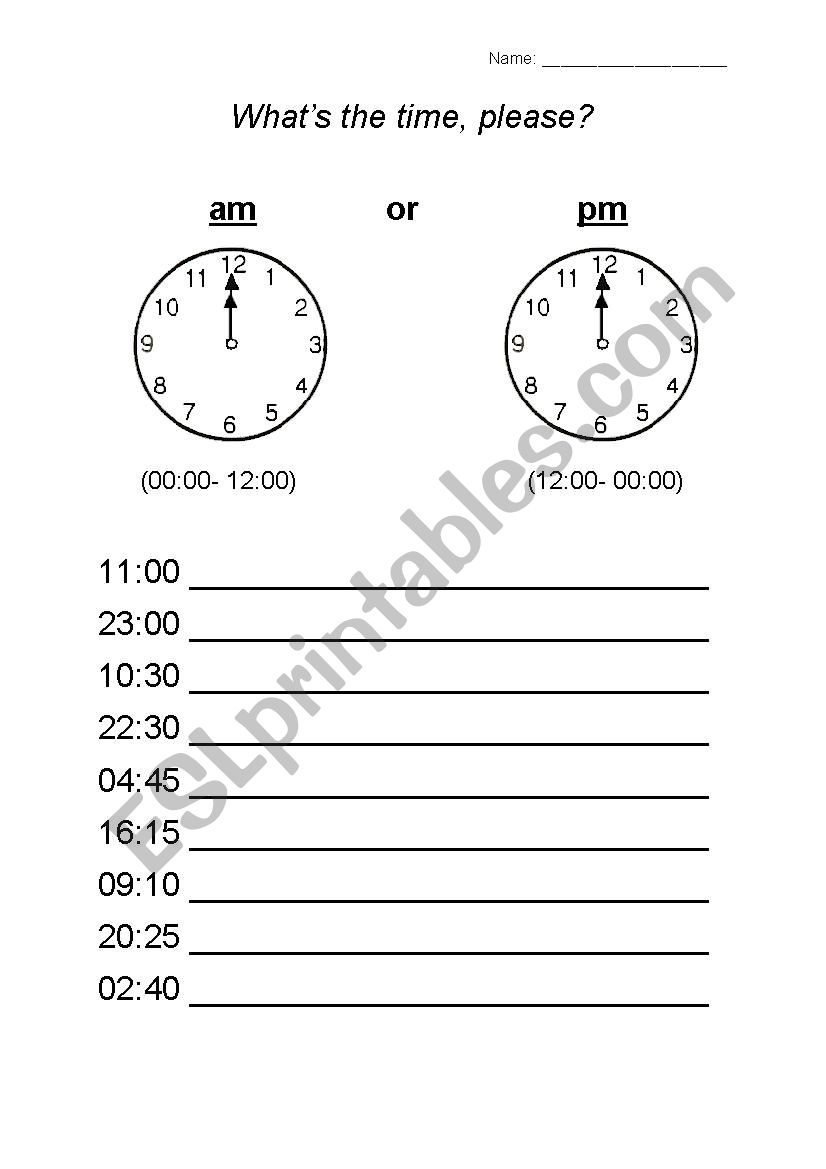 What´s the time? am or pm (part 2) ESL worksheet by Elly99