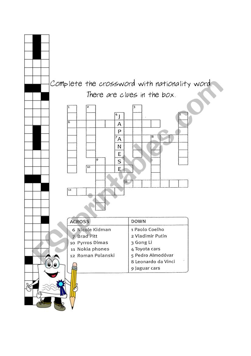 Nationality crossword worksheet