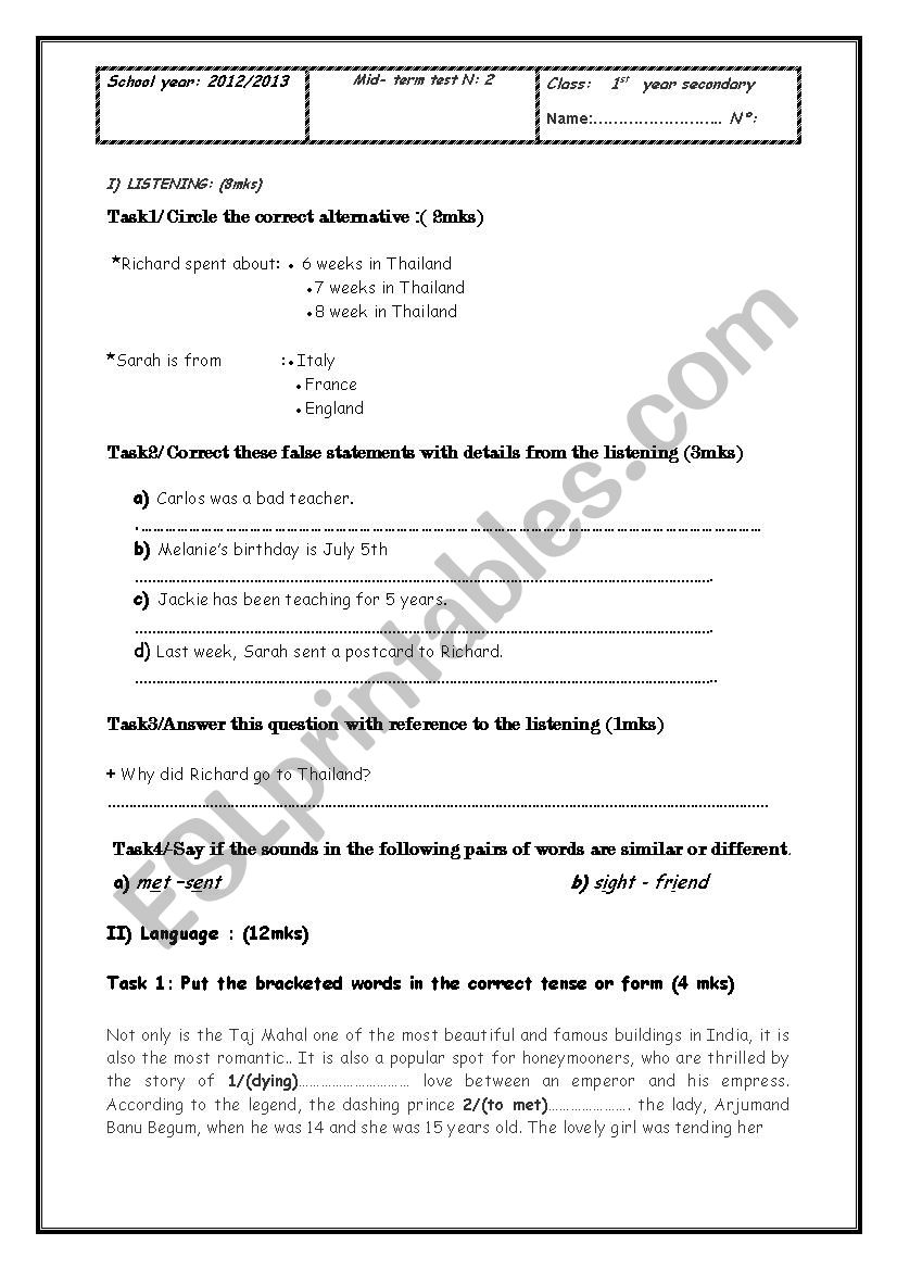 Mid-term test N 2 worksheet