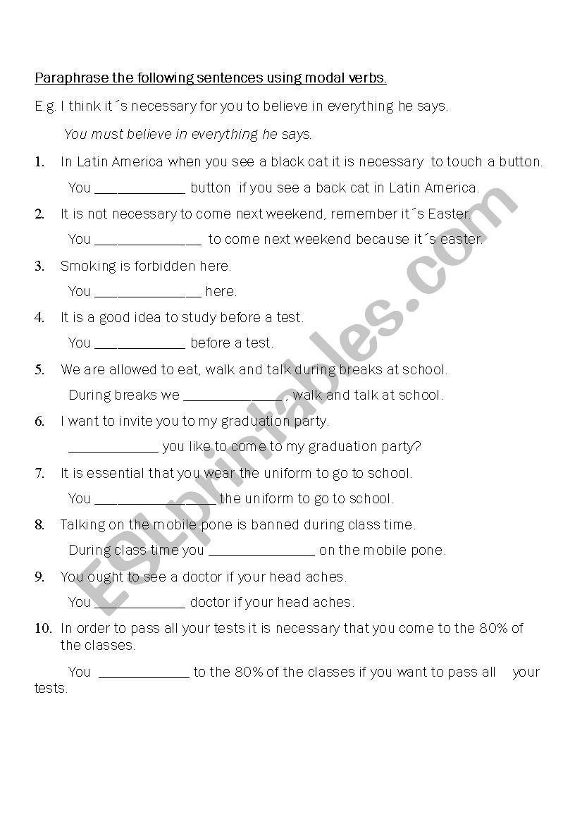 modal verbs paraphrasing exercises pdf