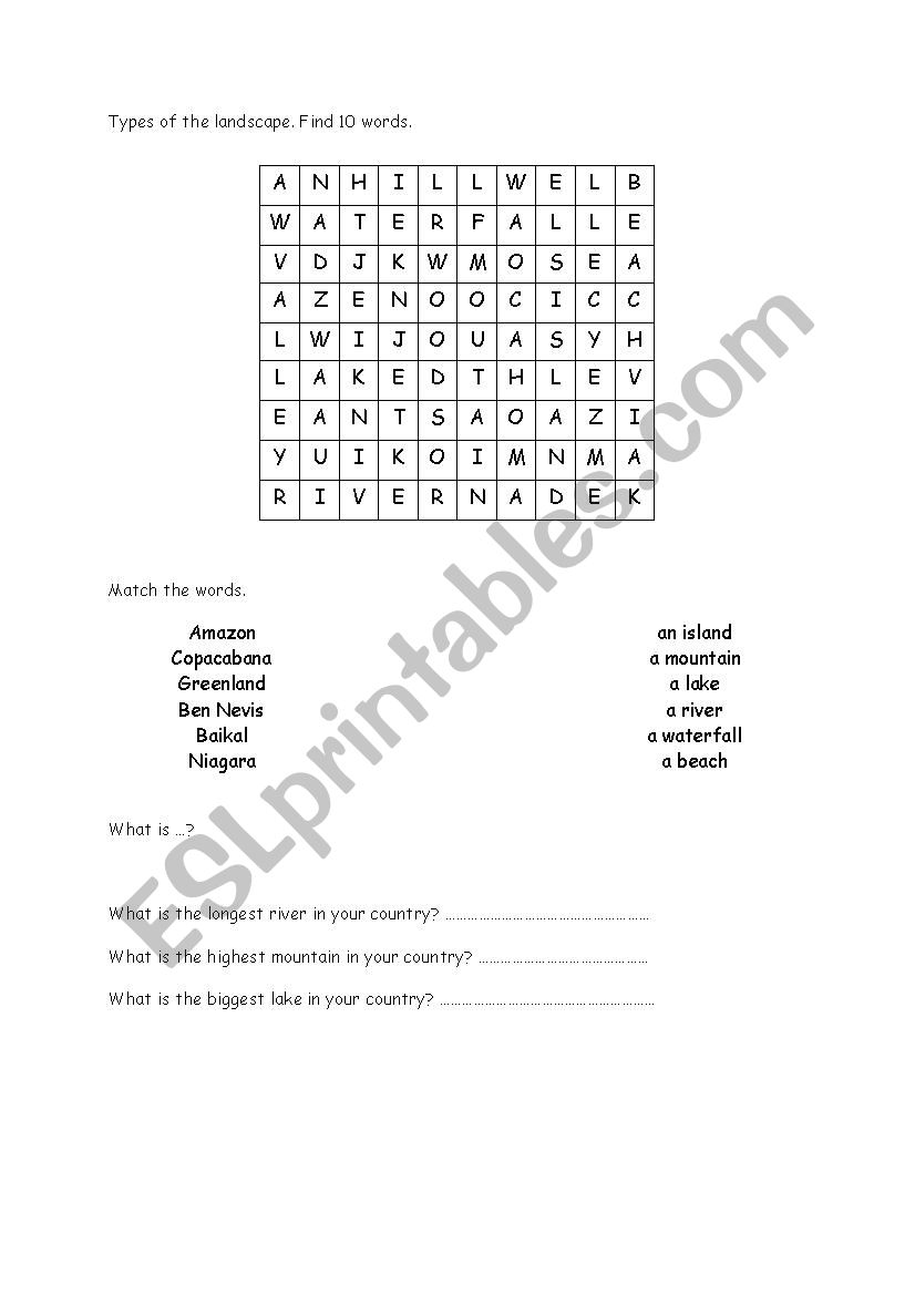 Types of the landscape worksheet