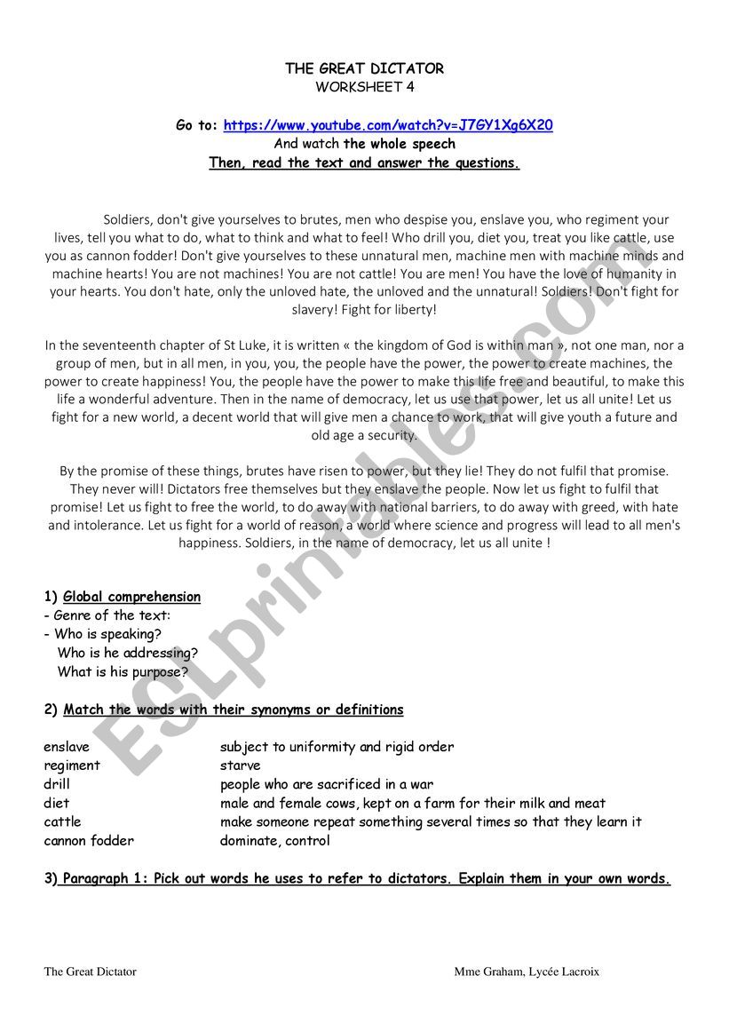 The Great Dictator Worksheet 4