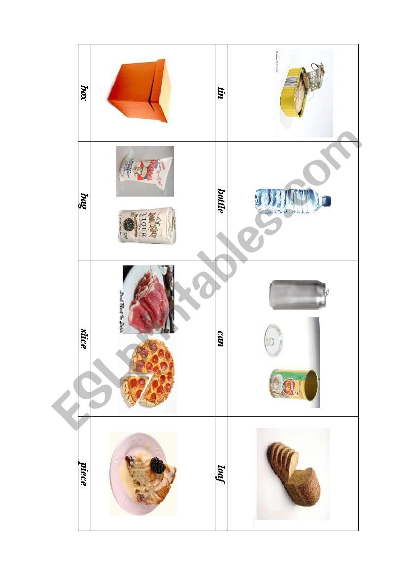 Tin/Can/Slice/Bag/Loaf worksheet