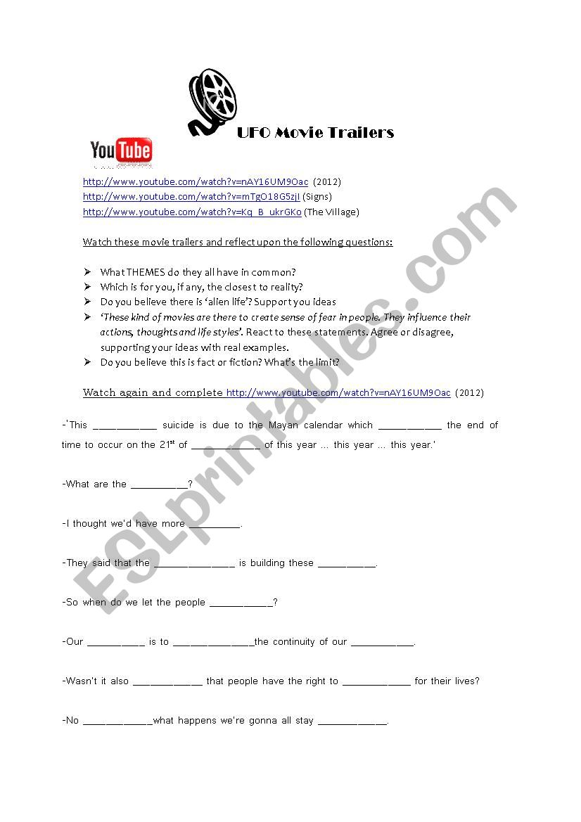 UFO MOVIE TRAILERS worksheet