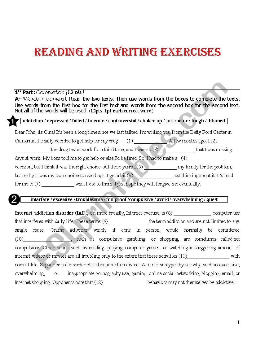 Reading and Writing Test worksheet