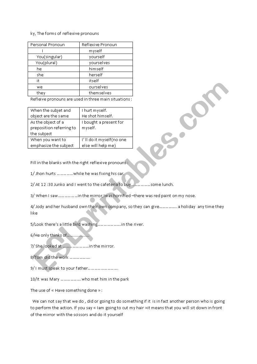 reflexive pronouns worksheet