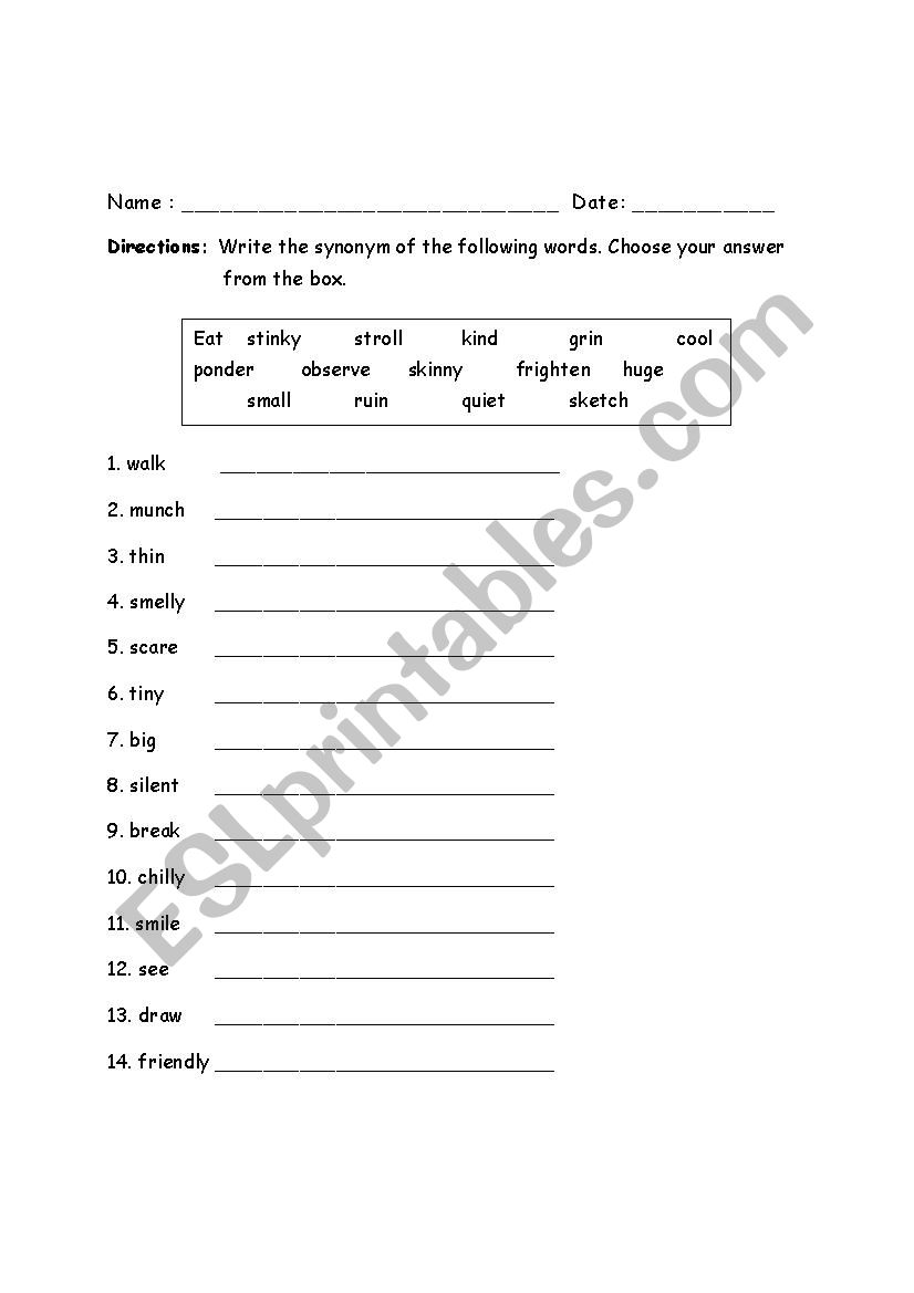 synonyms worksheet