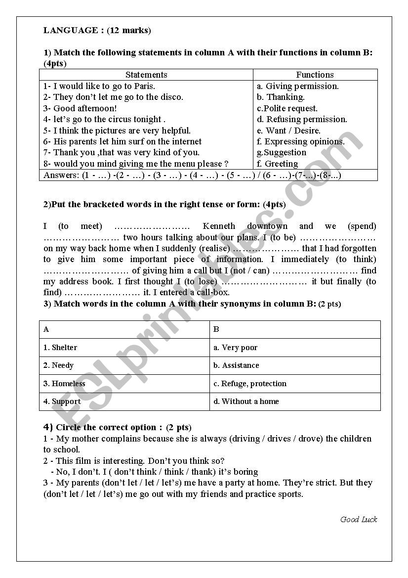 mid term test N° 3 9th from - ESL worksheet by sousousk kad