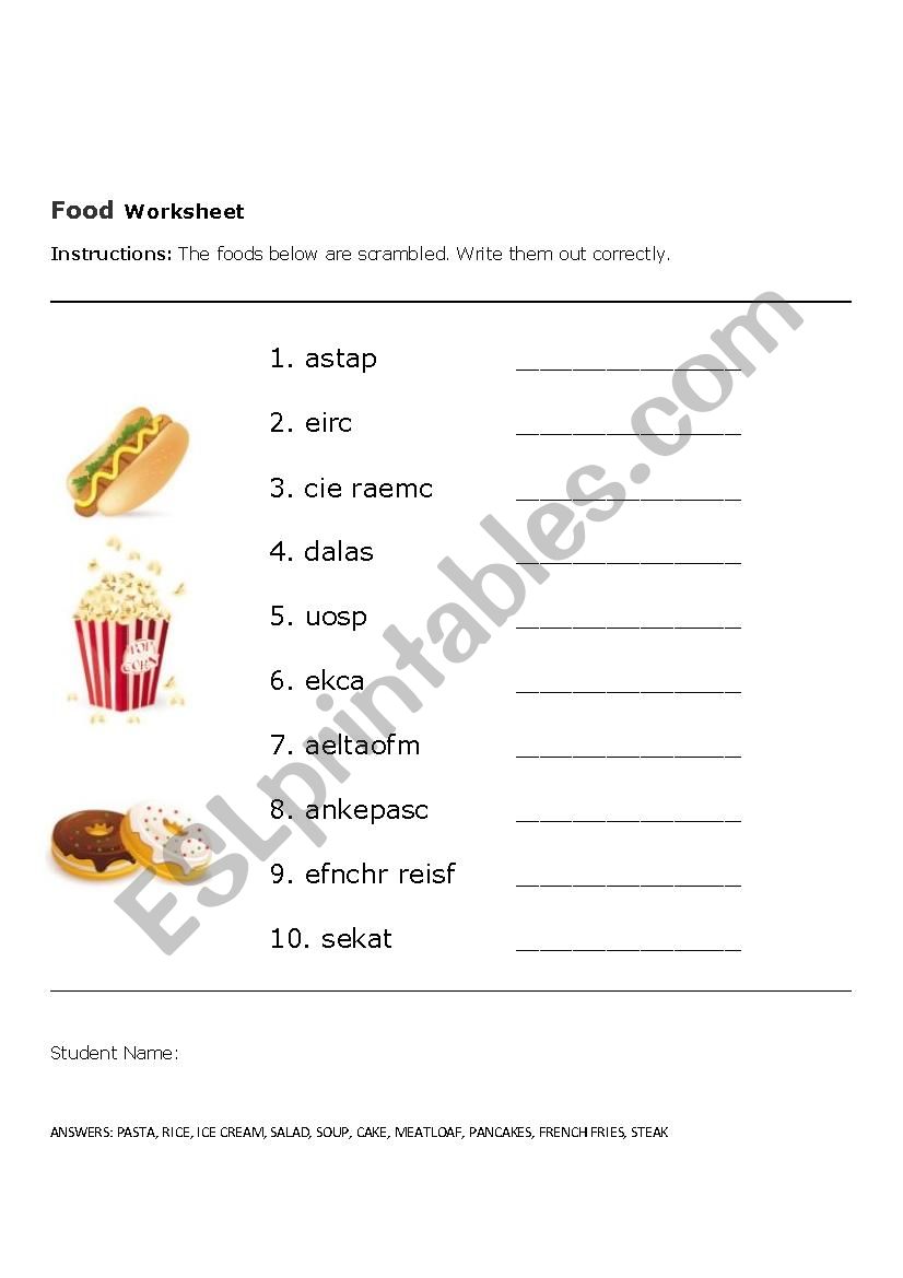 Food Worksheet worksheet
