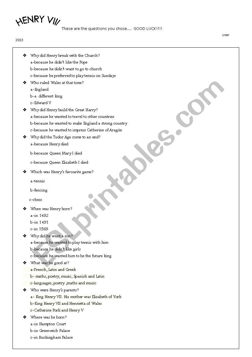 HENRY VIII FACTS worksheet