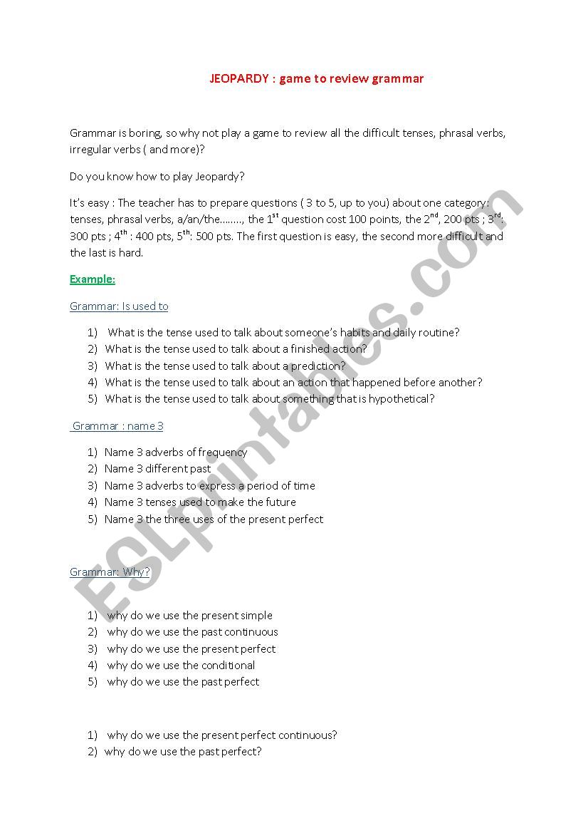 Jeopardy: game to review grammar