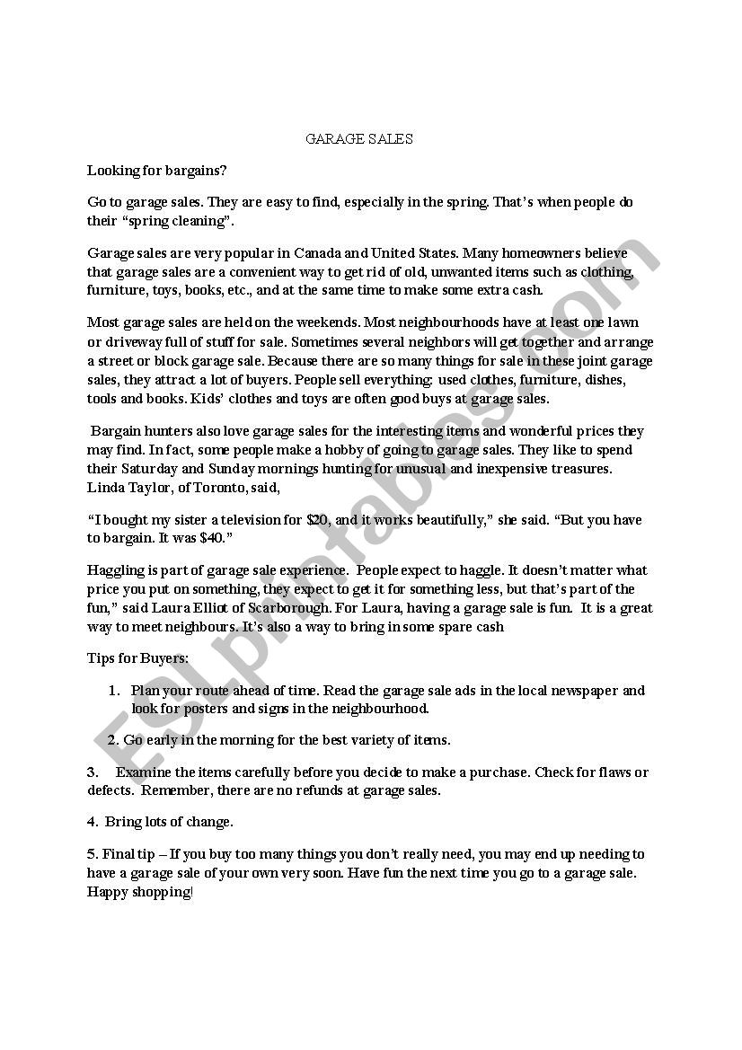 Shopping: Garage sales worksheet