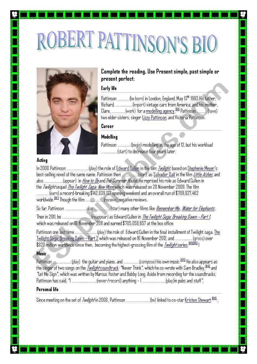 Robert Pattinson´s biography - ESL worksheet by avacjim2012