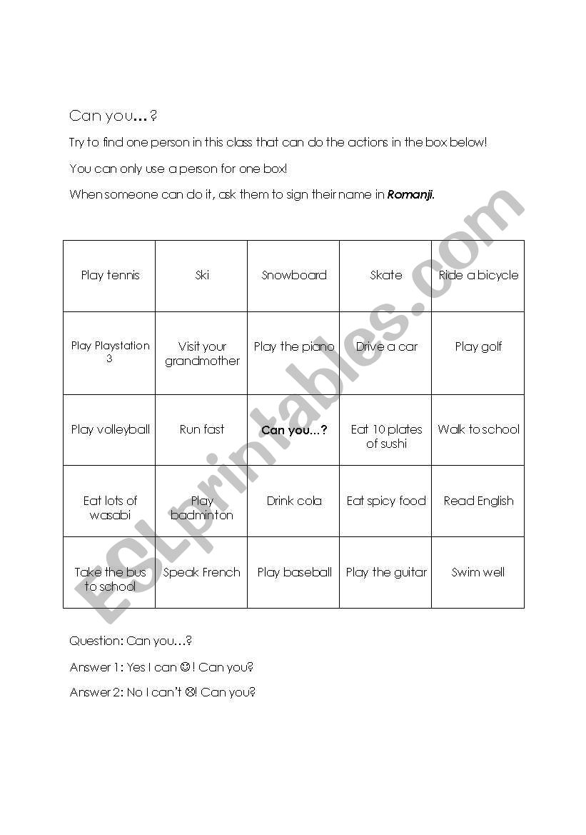 Can you Bingo worksheet