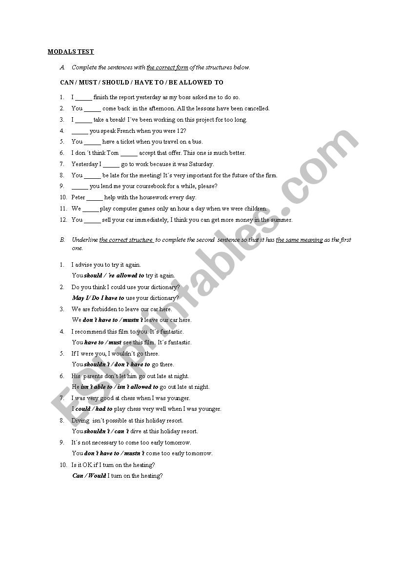 Modal verbs worksheet