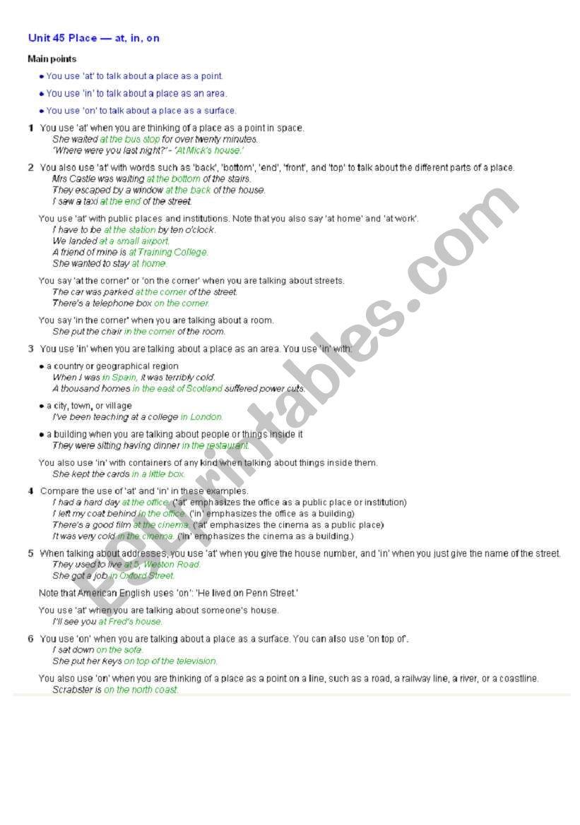 Prepositions of place in at, on