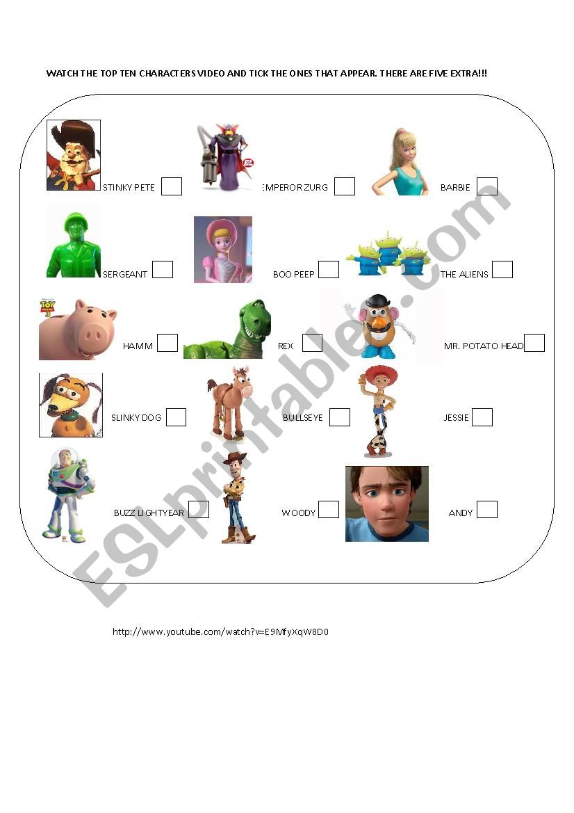 Toys story characters worksheet