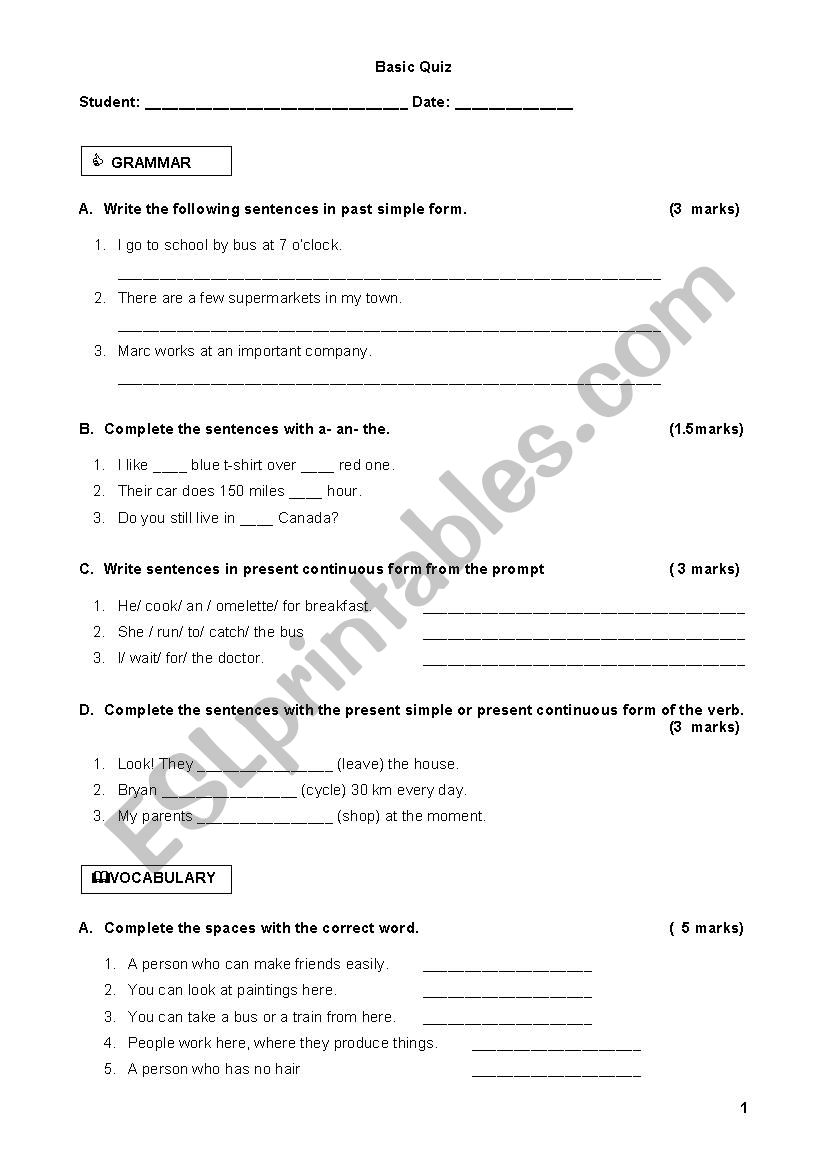 Present tense quiz worksheet