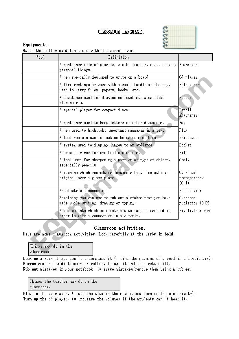 Classroom language worksheet