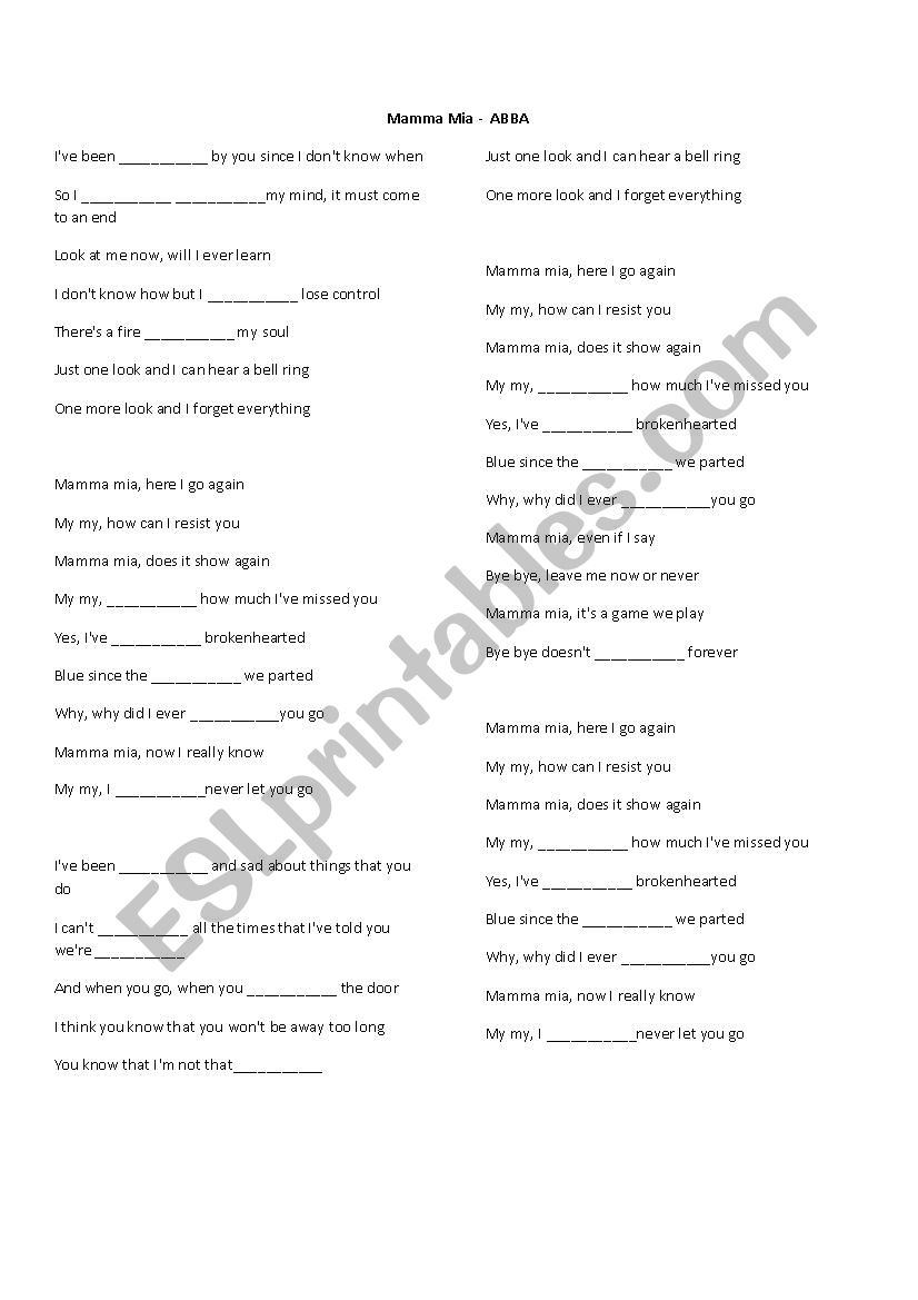 Abba Mama mia worksheet