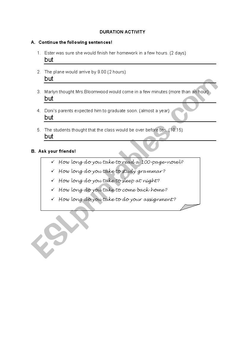 Duration Activity worksheet