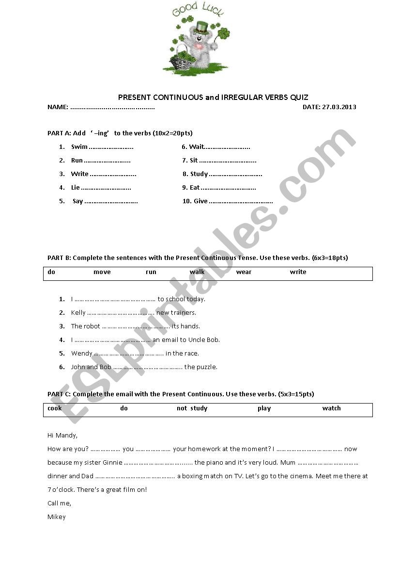 test on present continuous and irregular verbs