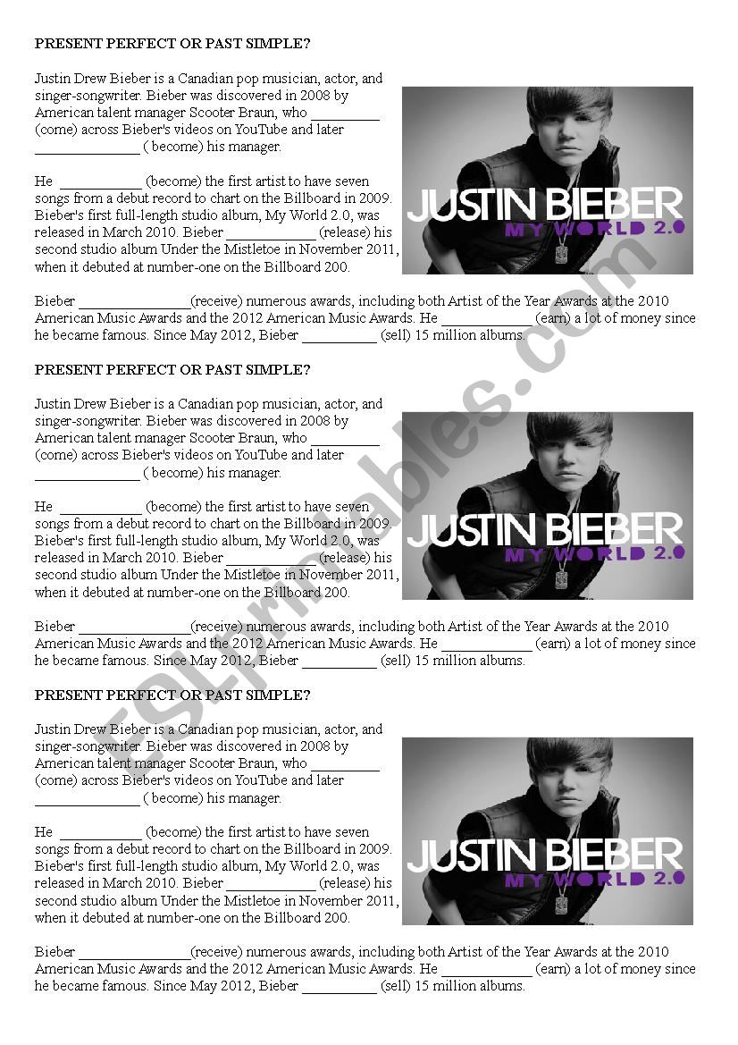 One time by Justin Bieber: English ESL worksheets pdf & doc