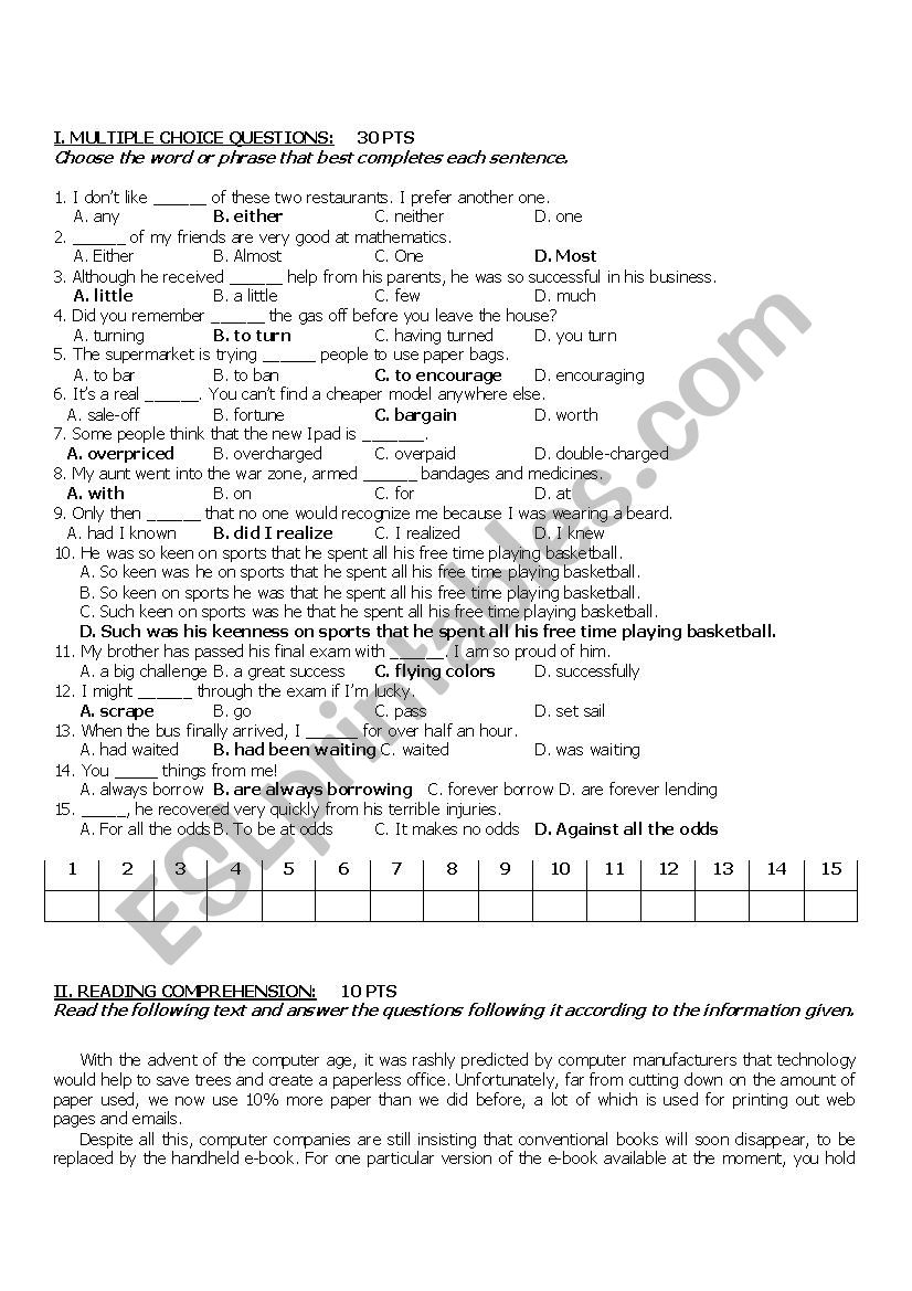 test and answer worksheet