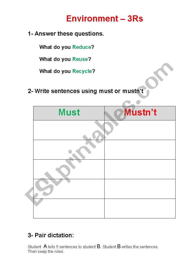 Environment-3Rs worksheet worksheet