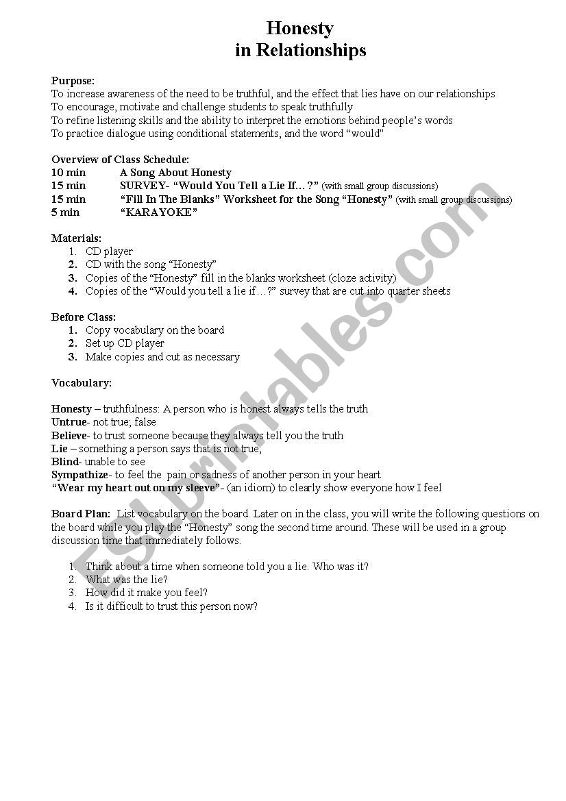 Honesty in Relationships worksheet