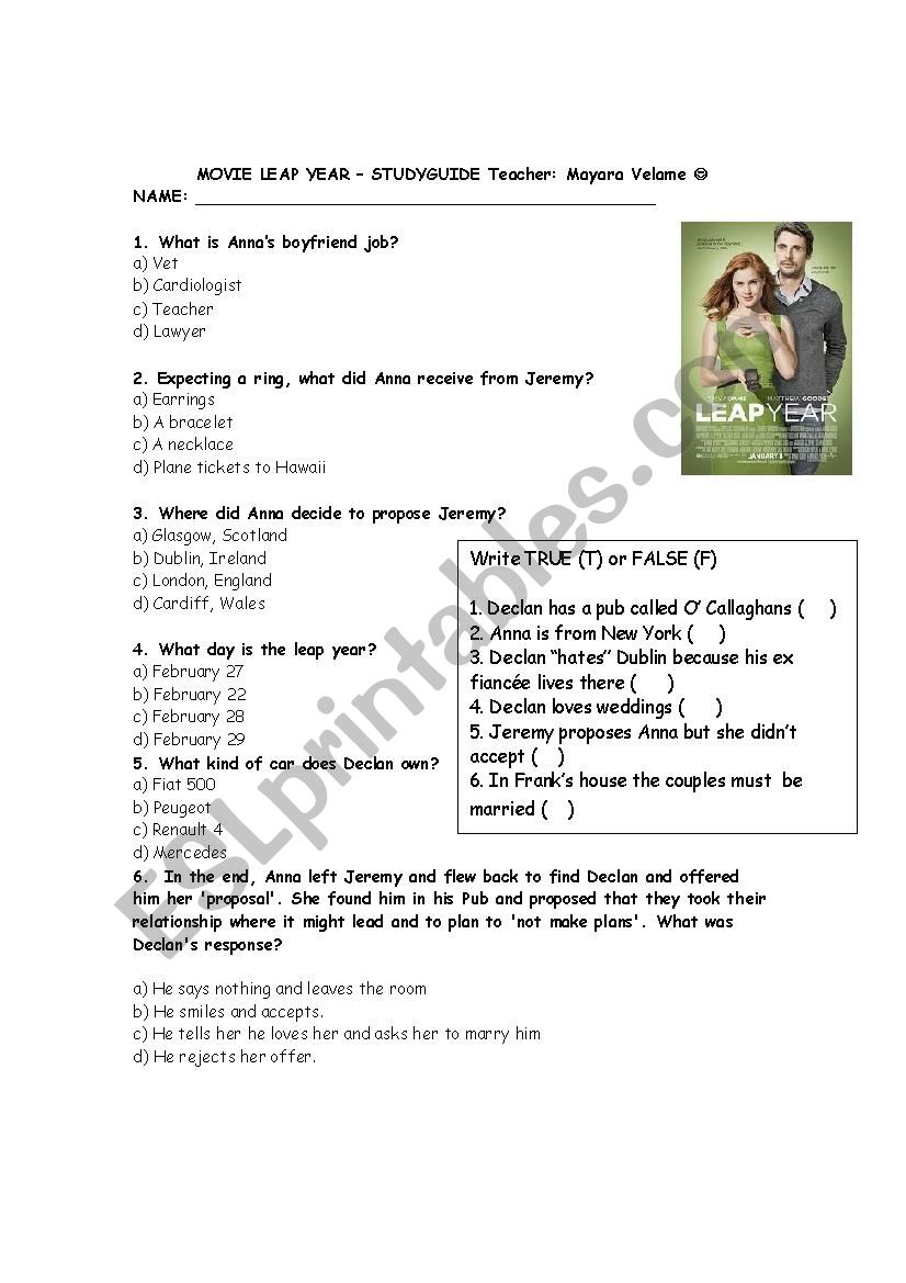 movie worksheet leap year esl worksheet by mayara velame