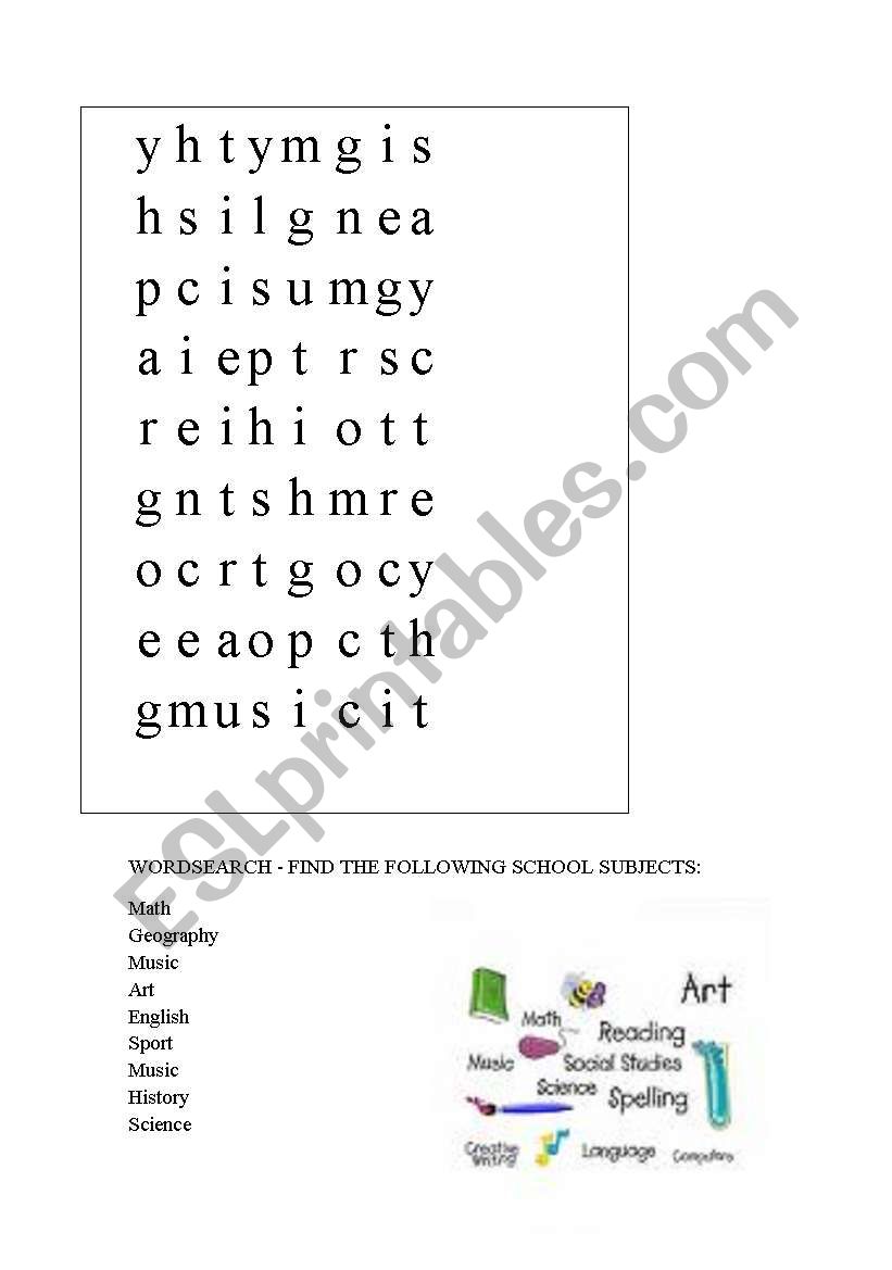 School subjects wordsearch worksheet