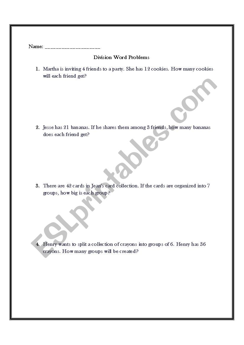 Division Word Problem worksheet
