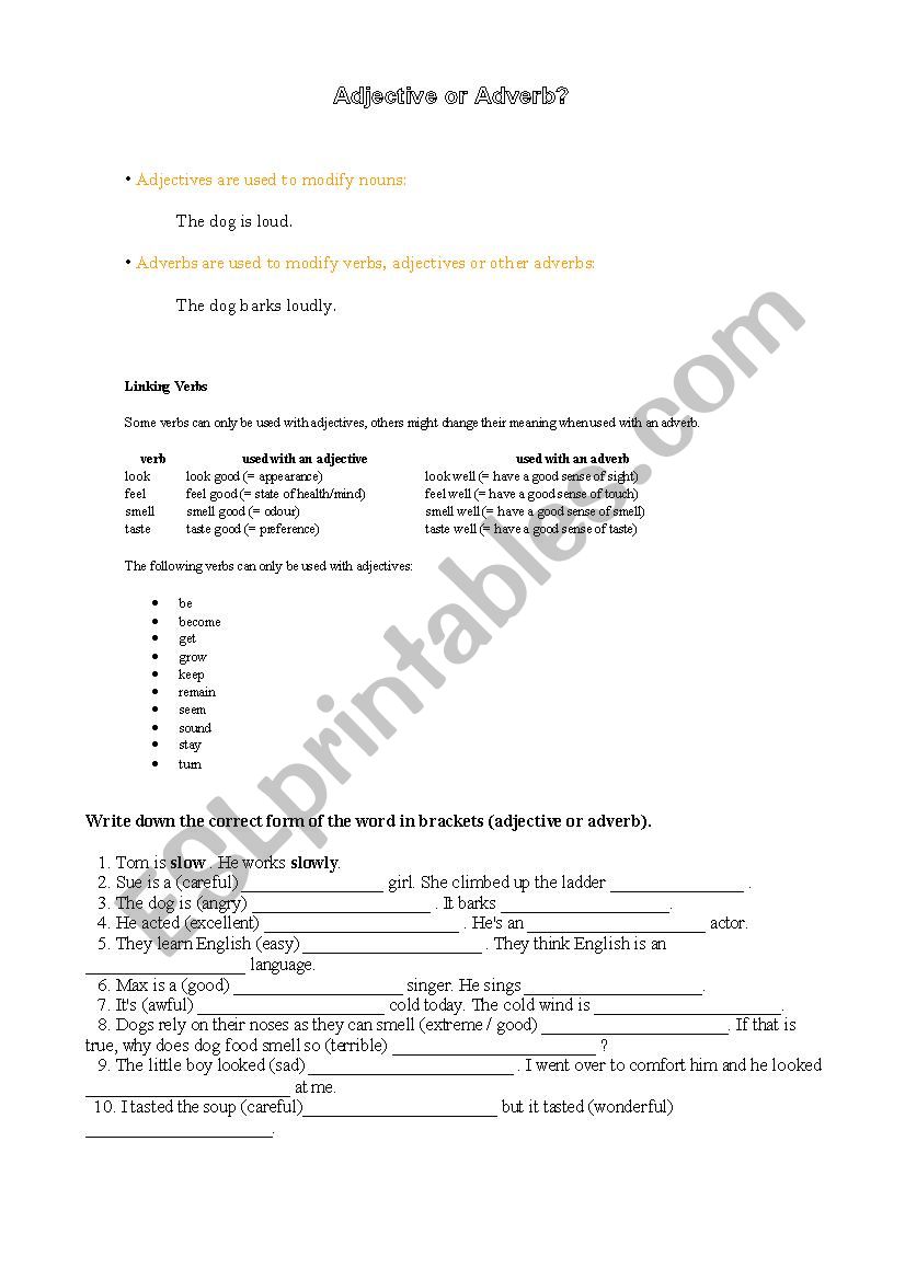 Adjective or Adverb worksheet