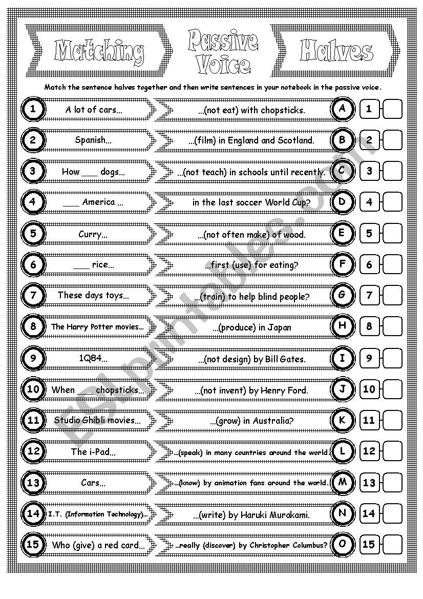 Passive Voice Matching Sentence Halves Present and Past Simple, 1 Page & Key