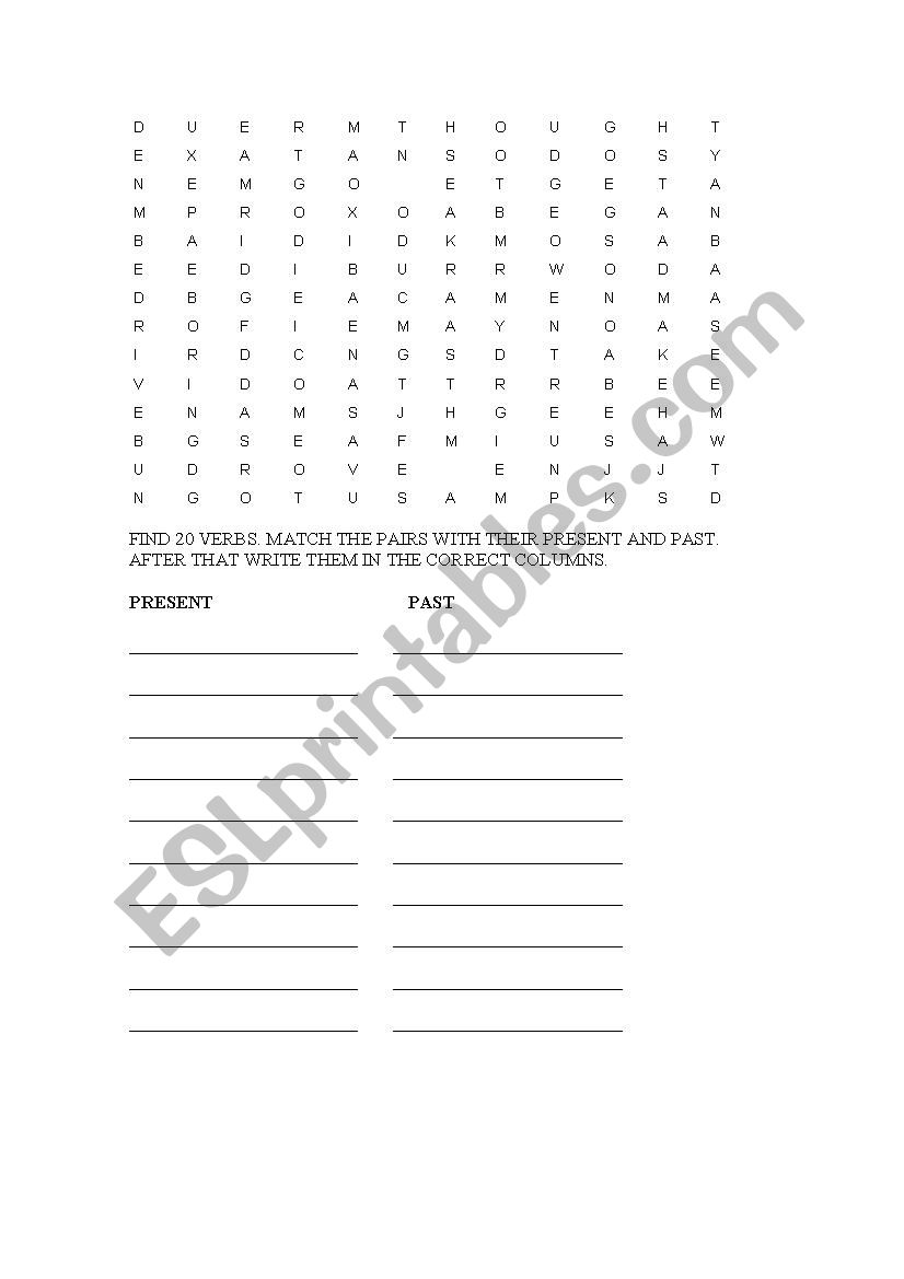 Word search verbs in past worksheet