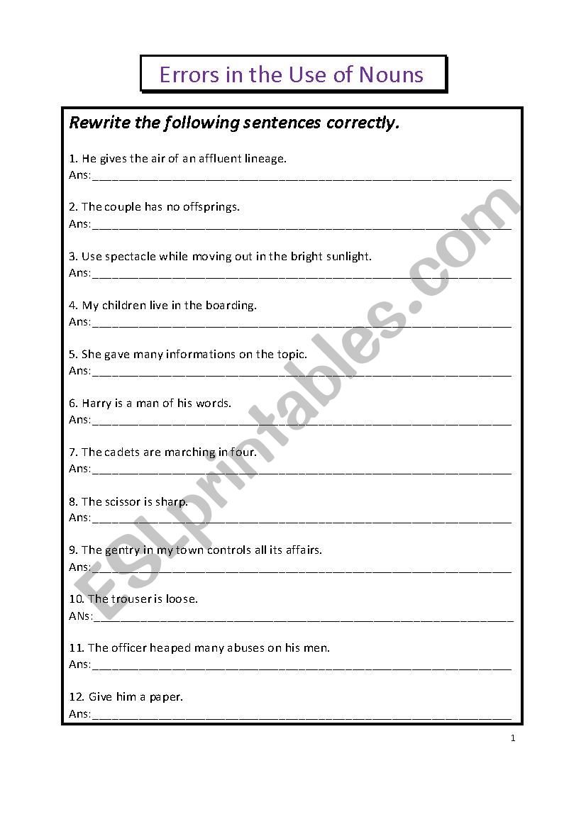 Errors in the Use of Nouns worksheet