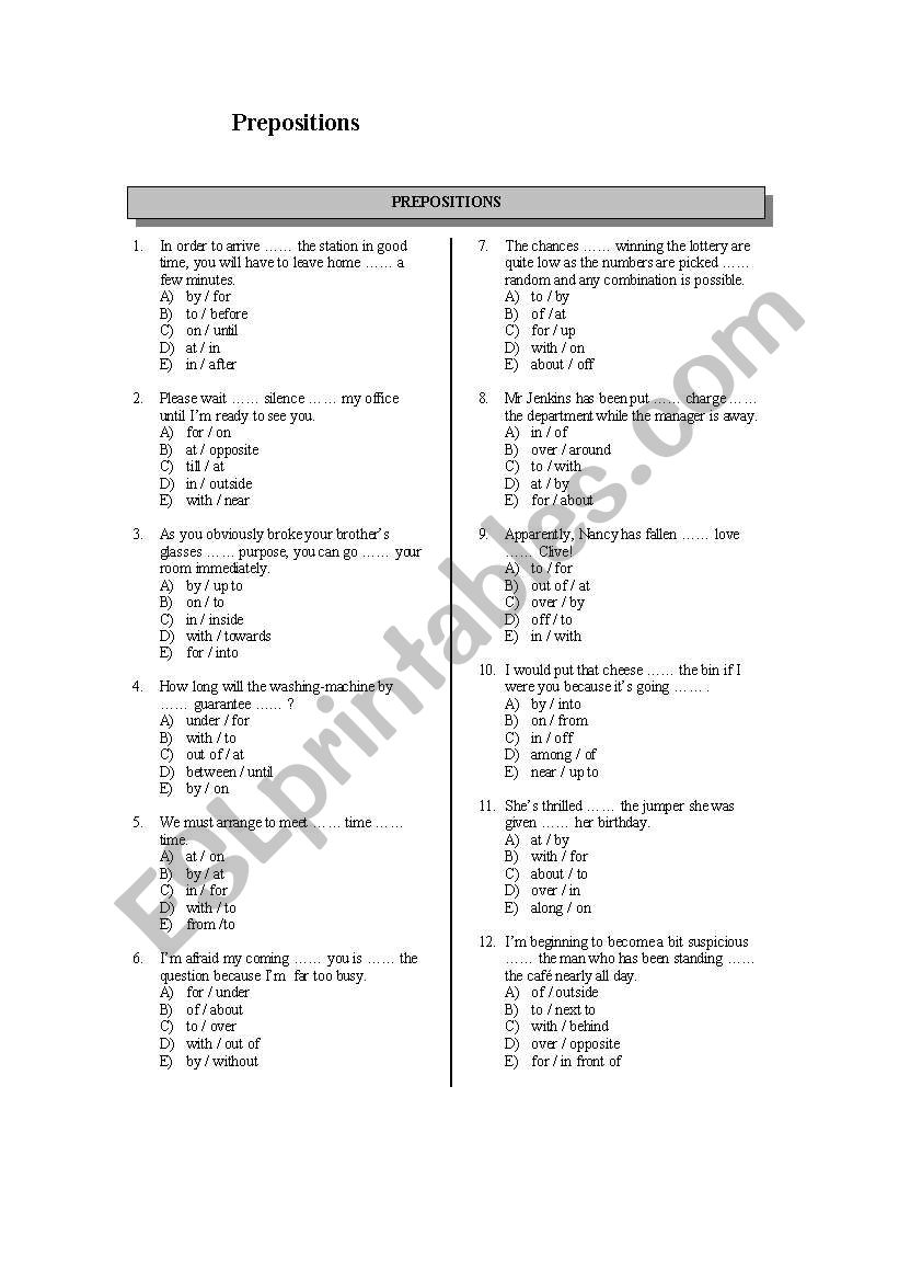 Prepositions worksheet