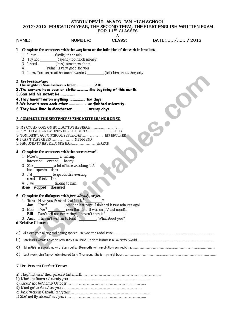 Written exam worksheet