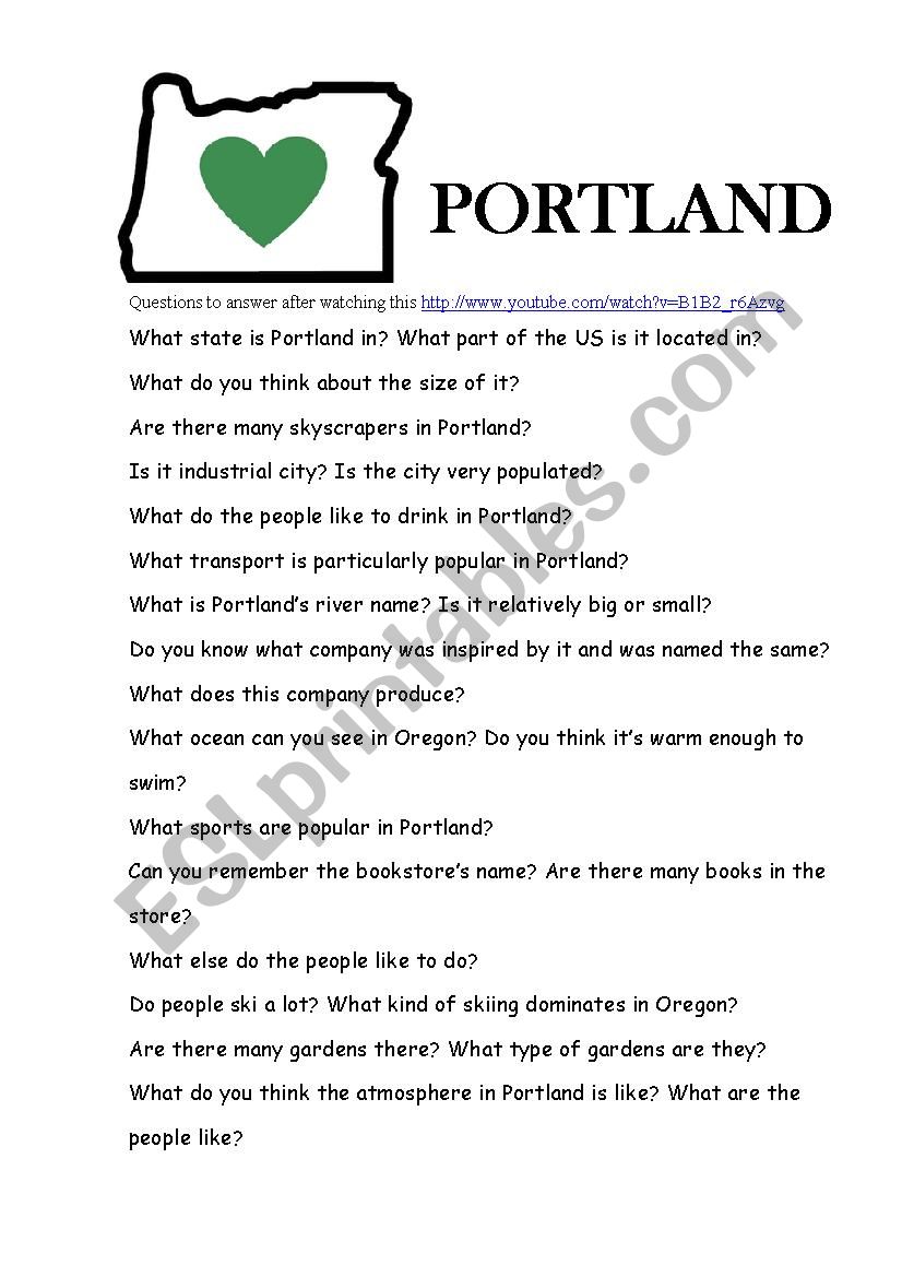 Portland, Oregon worksheet