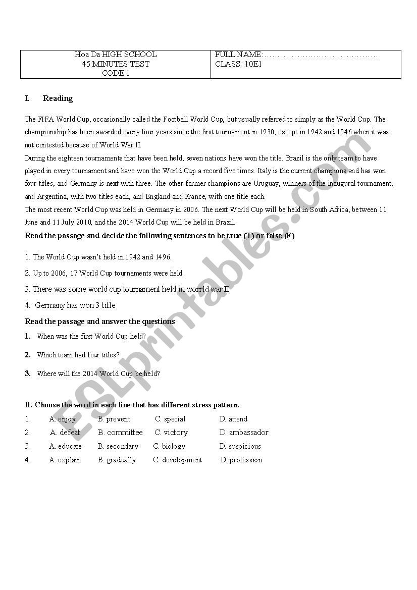 30 minute test  worksheet