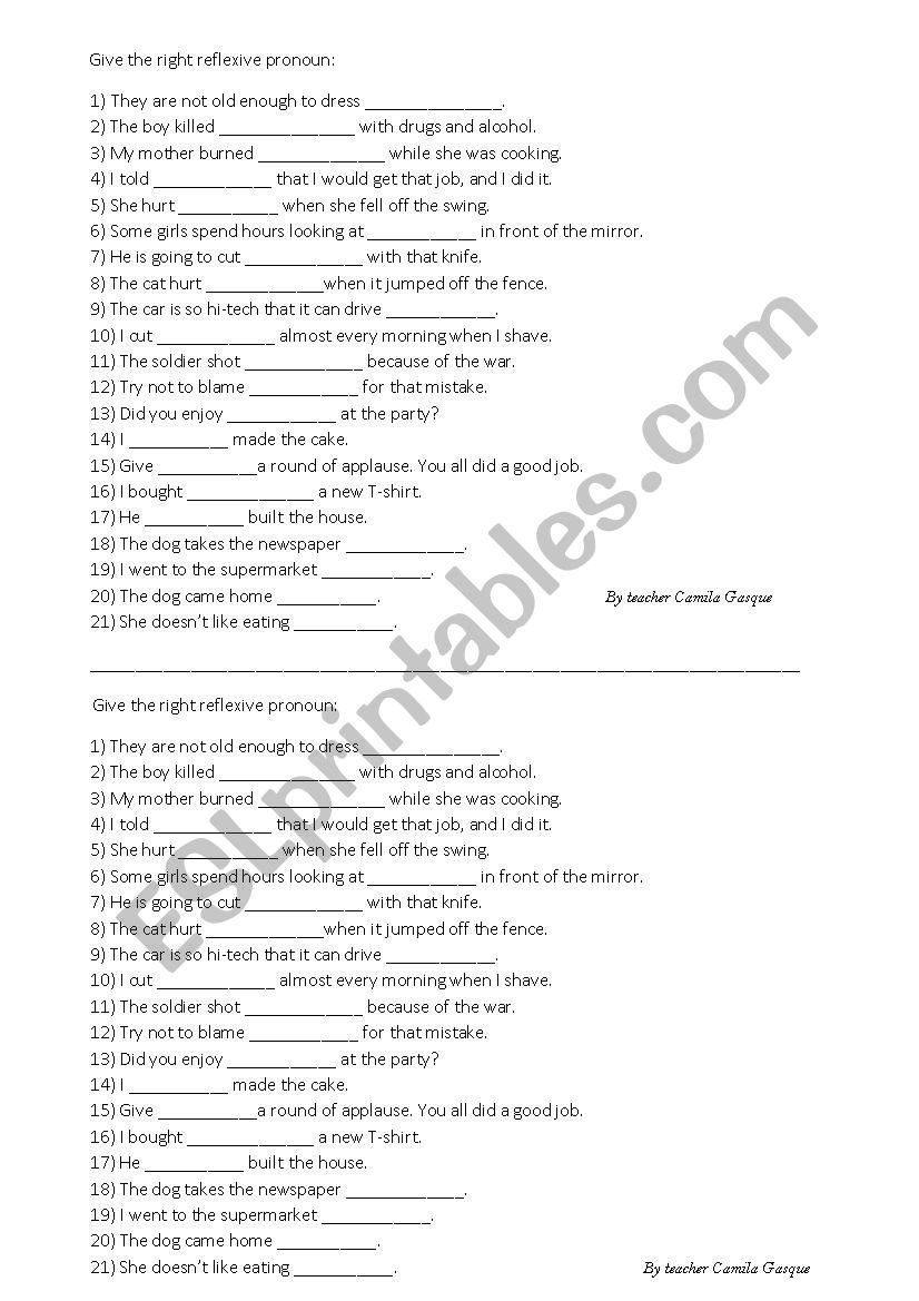 Reflexive pronoun worksheet