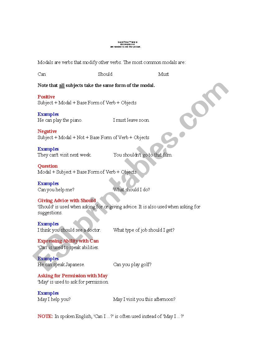 Modals - Can, Should, Must worksheet
