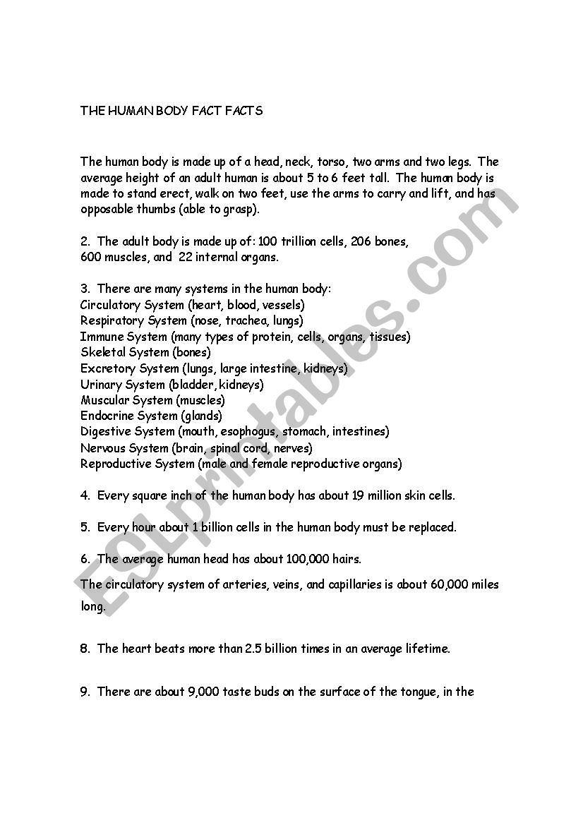 The human bofy facts worksheet