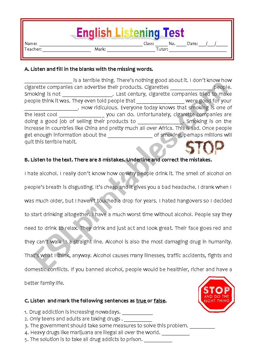 LISTENING TEST - ADDICTIONS worksheet