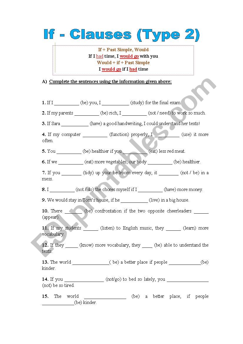 If clauses Type 2 ESL Worksheet By LipaM